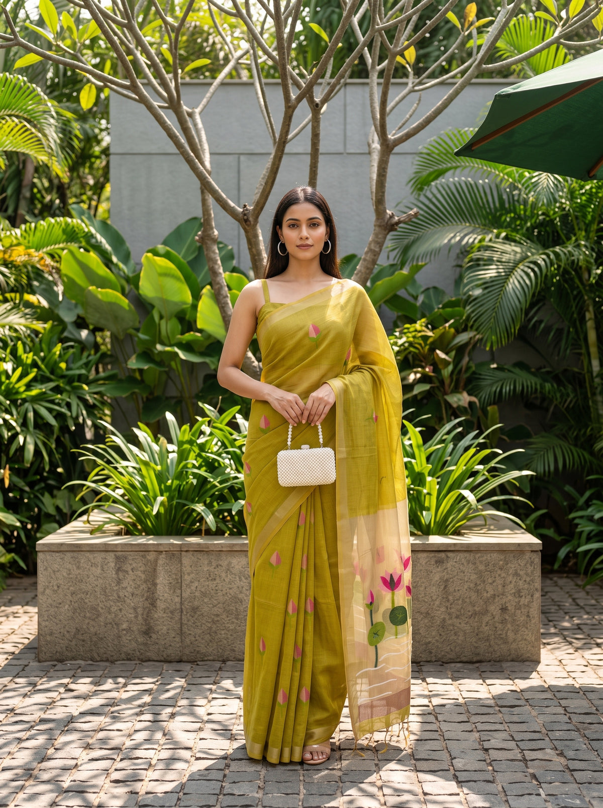 MIMOSA Mustard Bhagalpuri Cotton Saree — front view on mannequin
