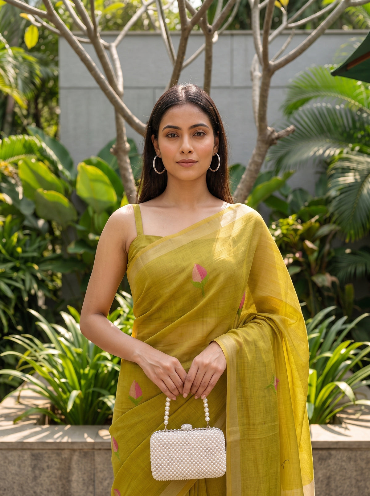 MIMOSA Mustard Bhagalpuri Cotton Saree — pose 10 styling detail