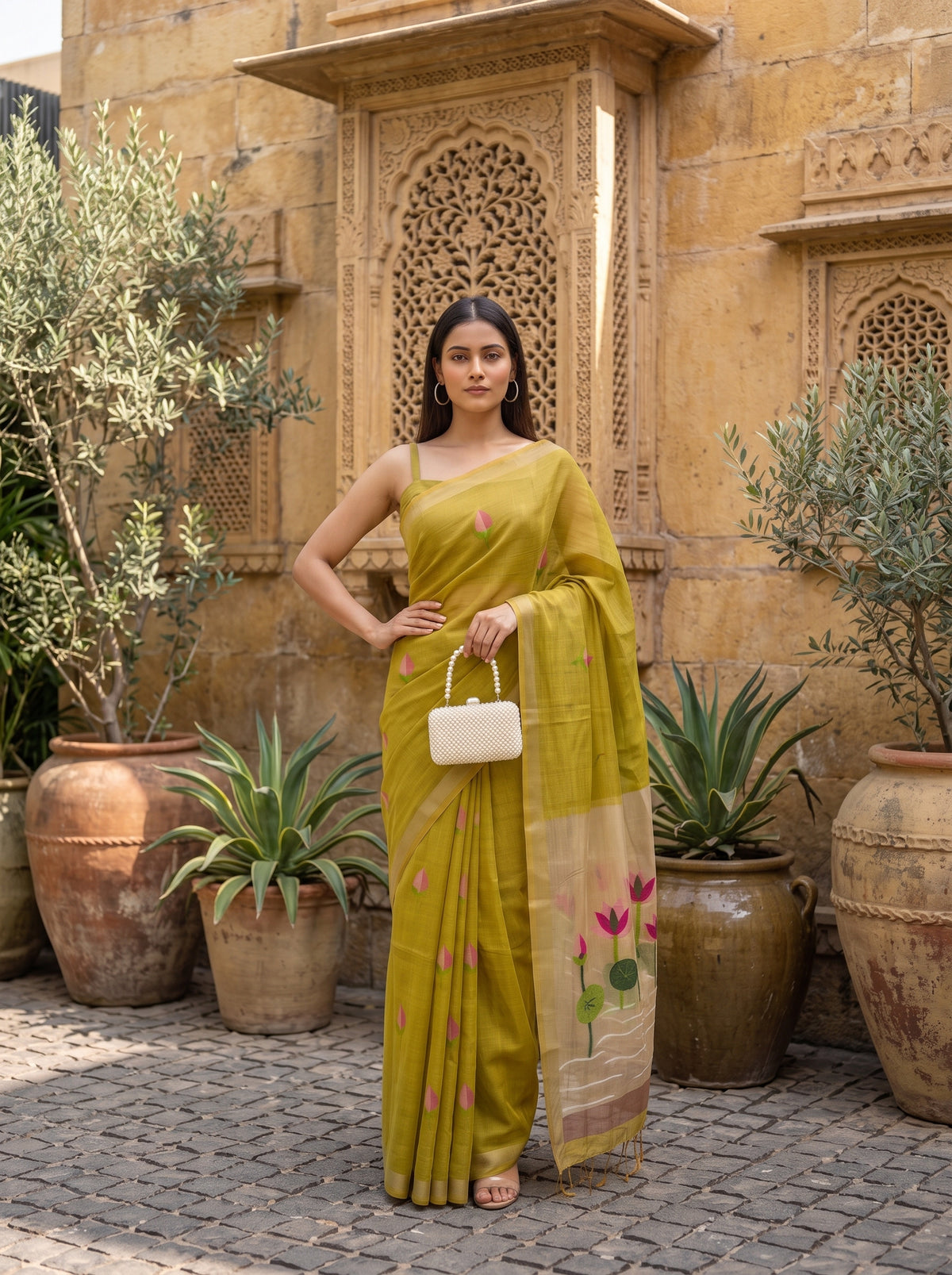 MIMOSA Mustard Bhagalpuri Cotton Saree — pose 4 styling detail
