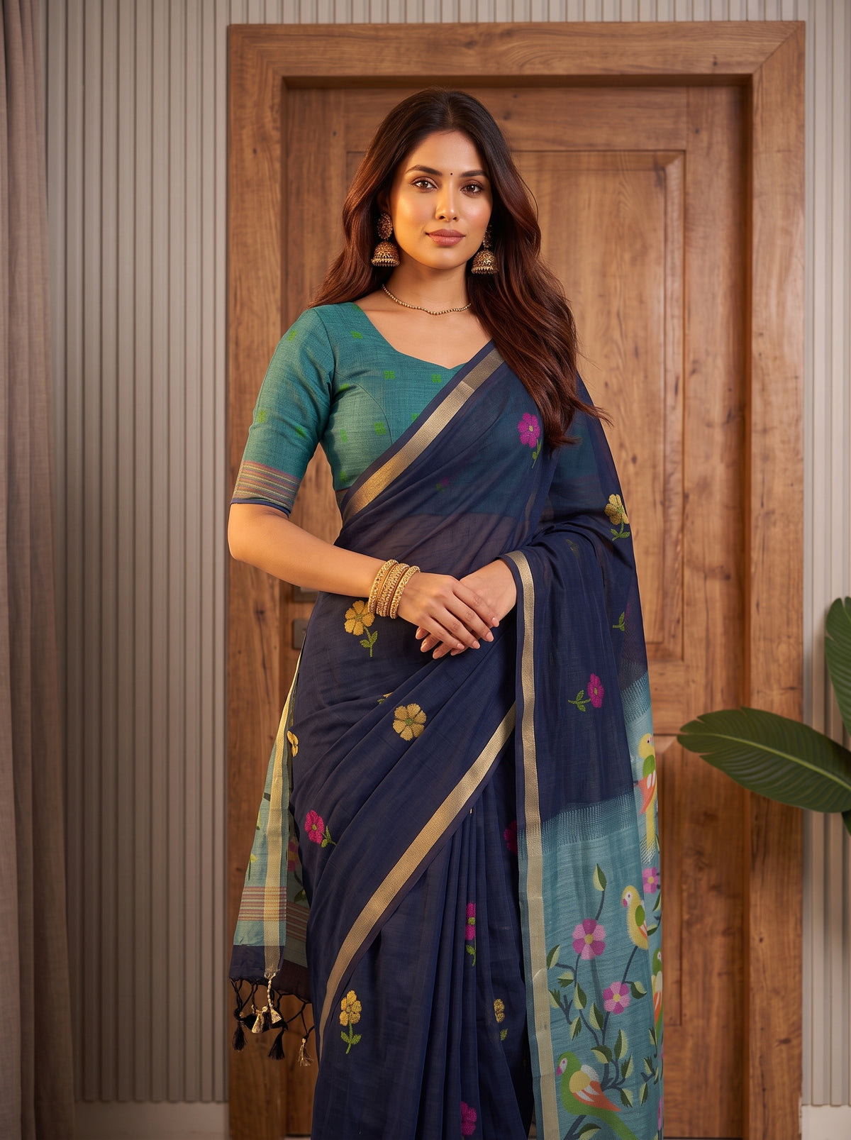 MIMOSA Navy Bhagalpuri Cotton Saree — pose 10 styling detail
