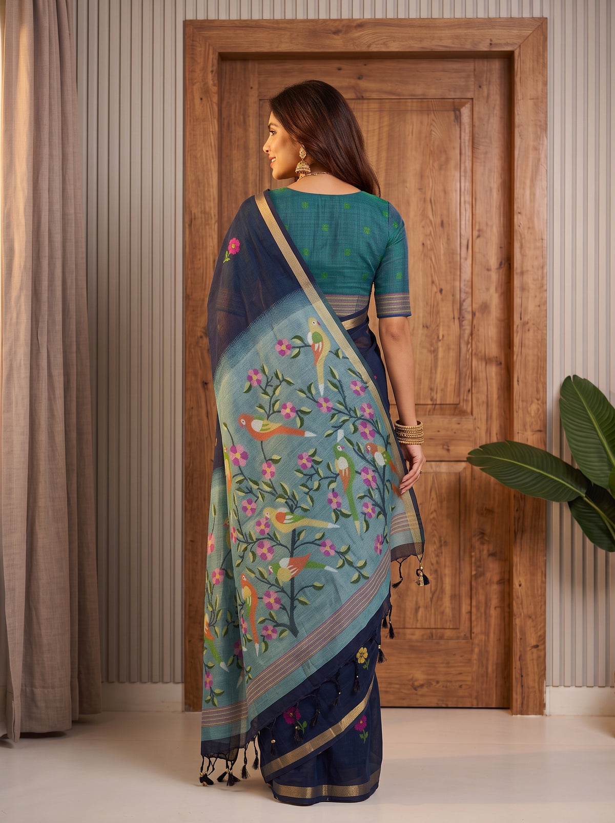 MIMOSA Navy Bhagalpuri Cotton Saree — pose 2 styling detail