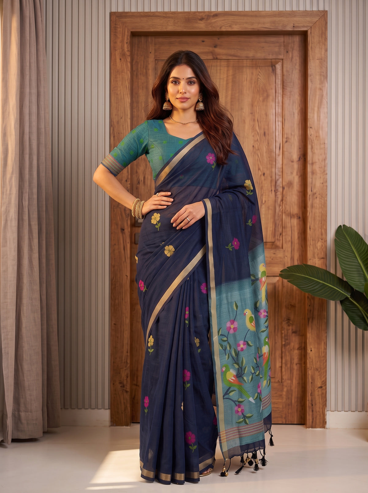MIMOSA Navy Bhagalpuri Cotton Saree — pose 4 styling detail