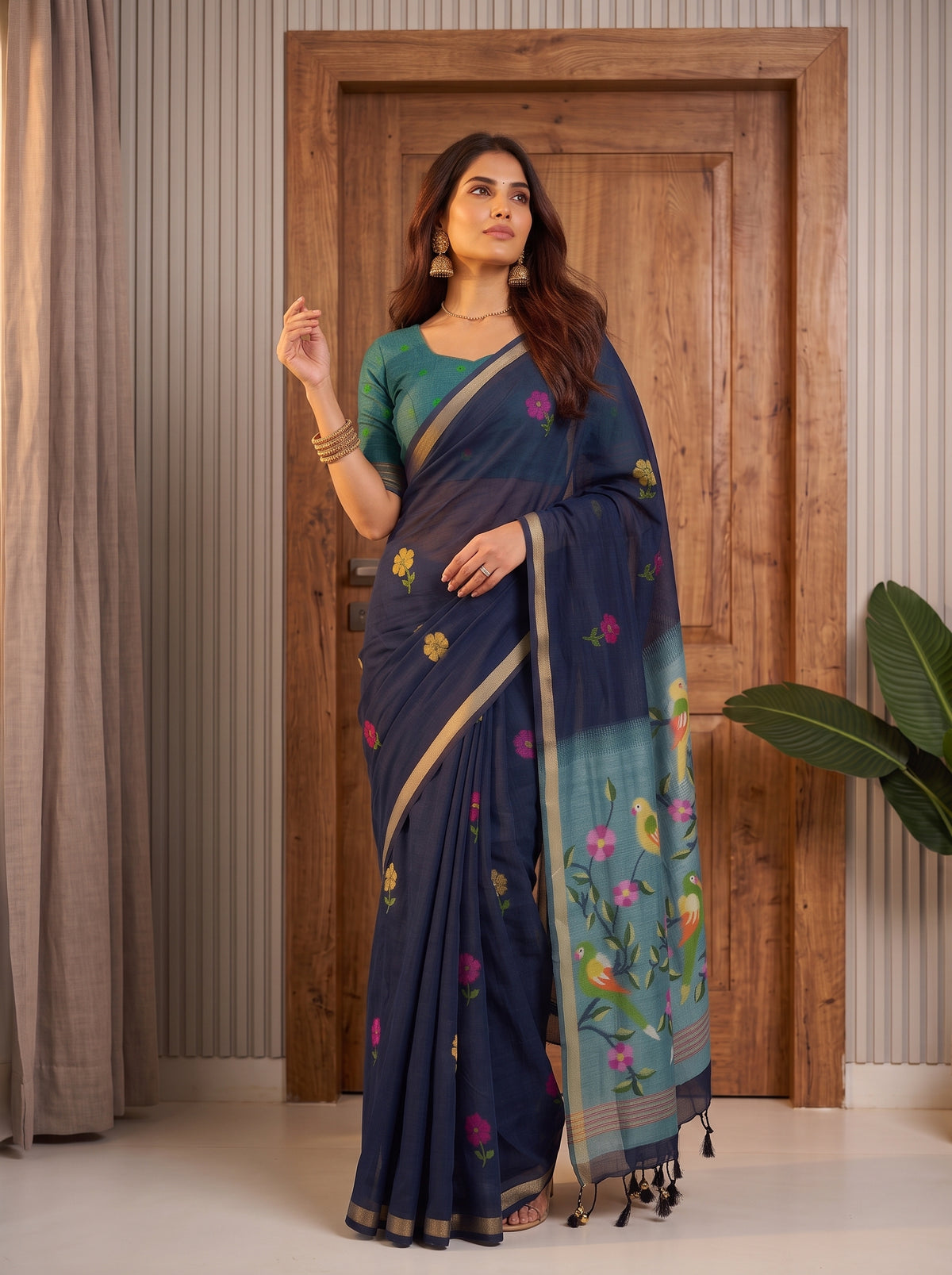MIMOSA Navy Bhagalpuri Cotton Saree — pose 5 styling detail