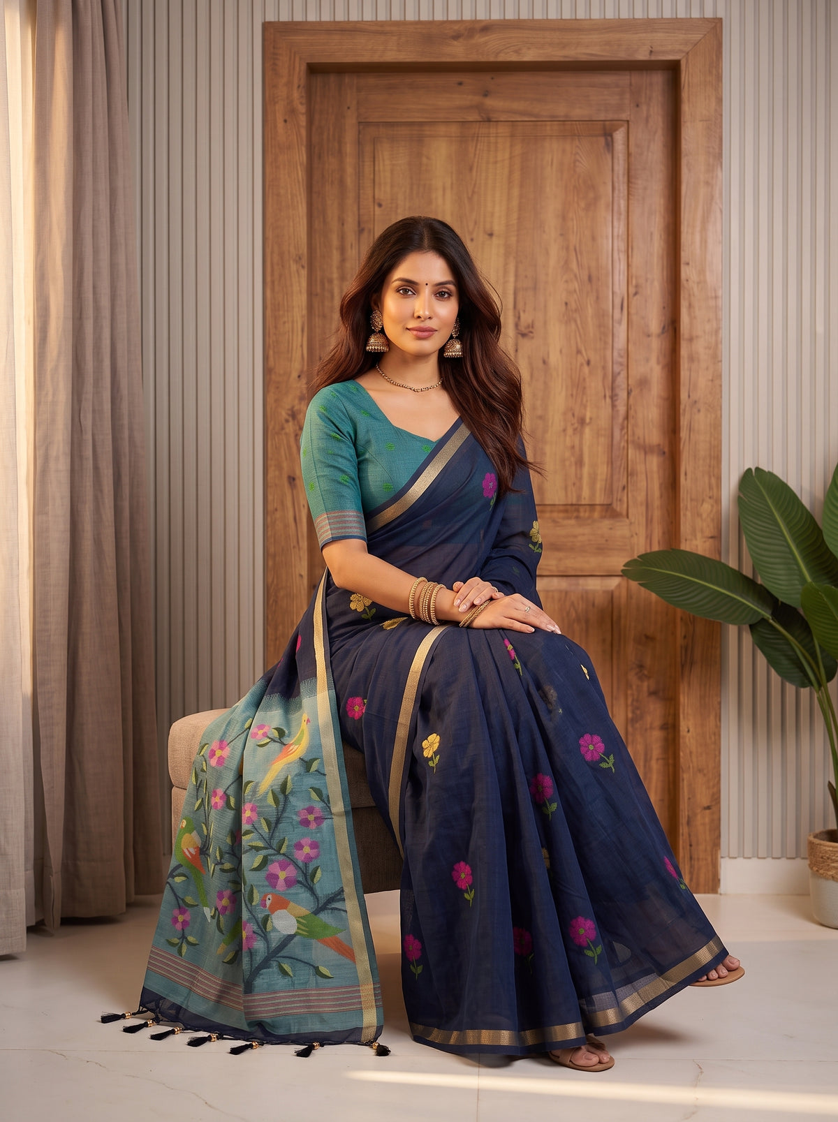 MIMOSA Navy Bhagalpuri Cotton Saree — pose 8 styling detail