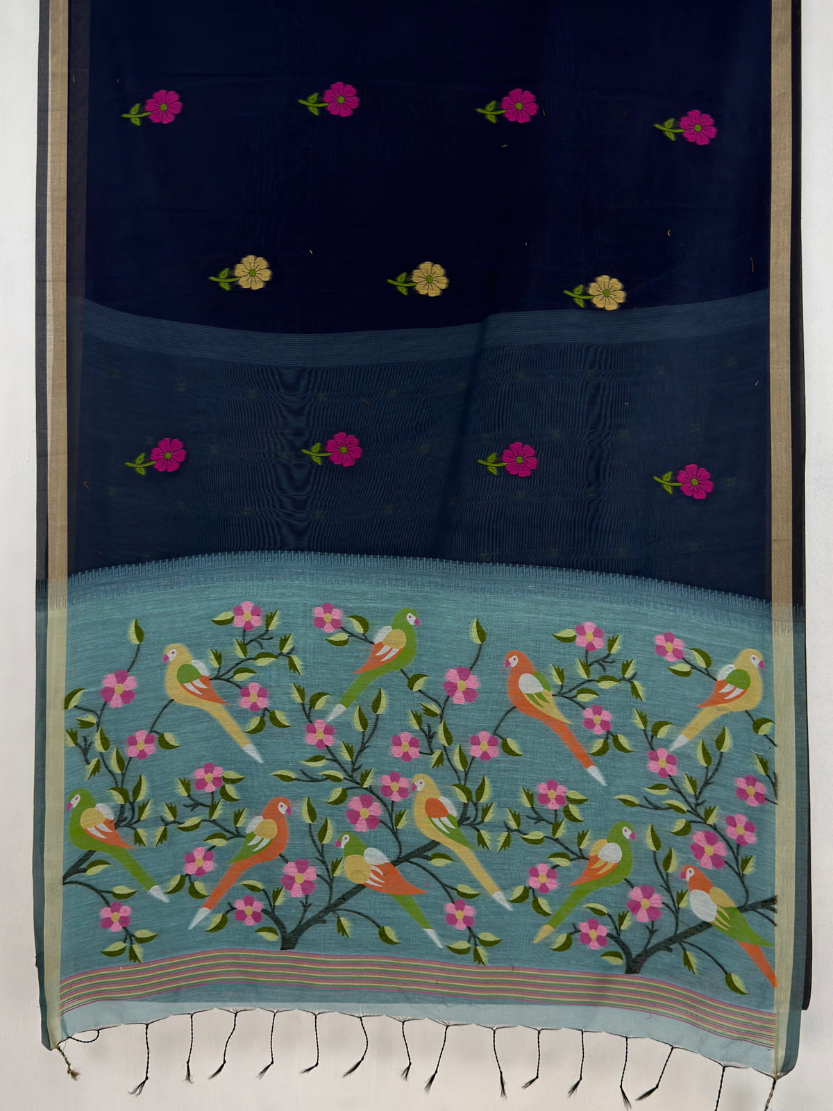 MIMOSA Navy Bhagalpuri Cotton Saree — pallu and zari work detail