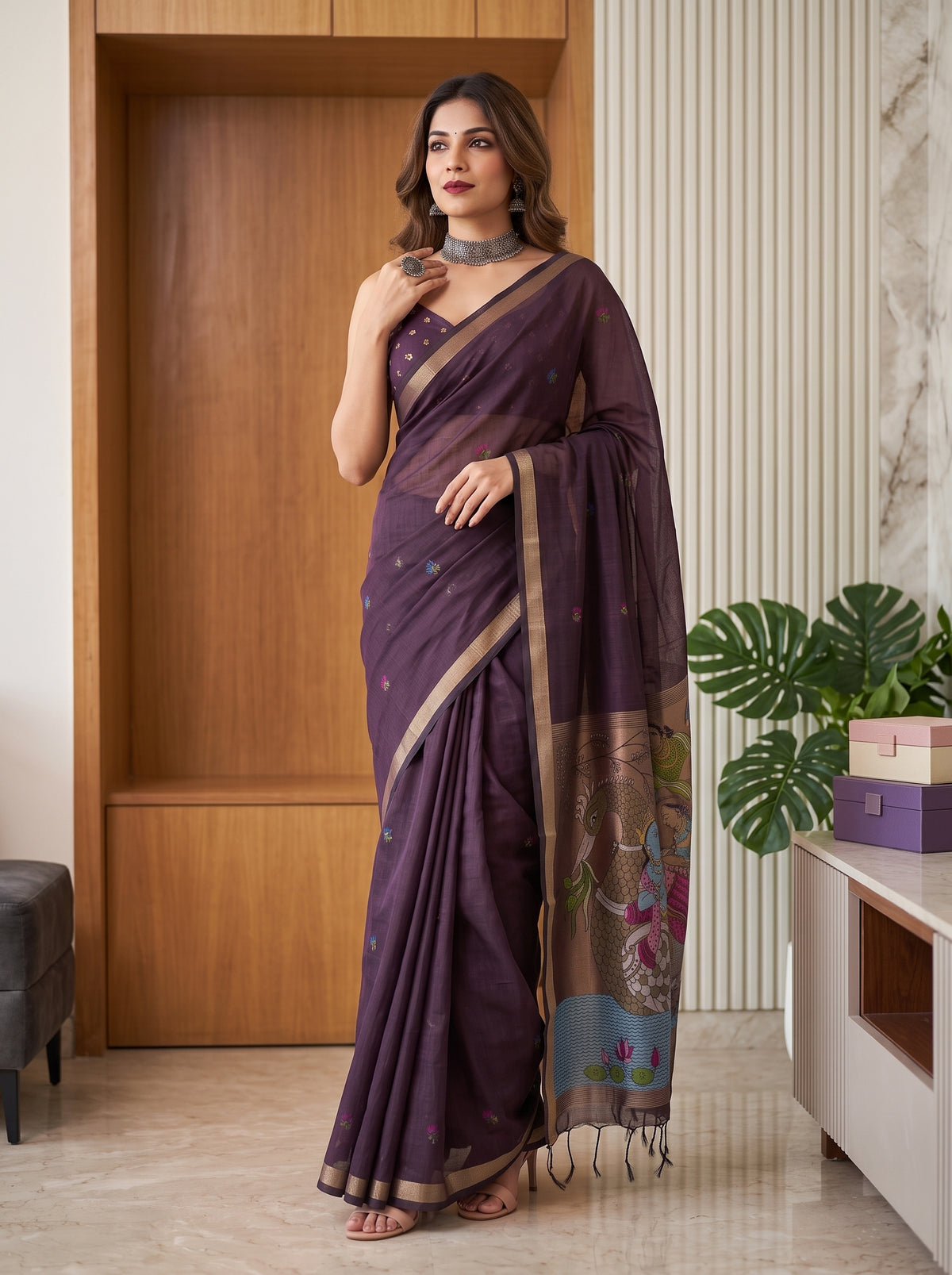 MIMOSA Jamun Bhagalpuri Cotton linen Saree — pose 5 styling detail