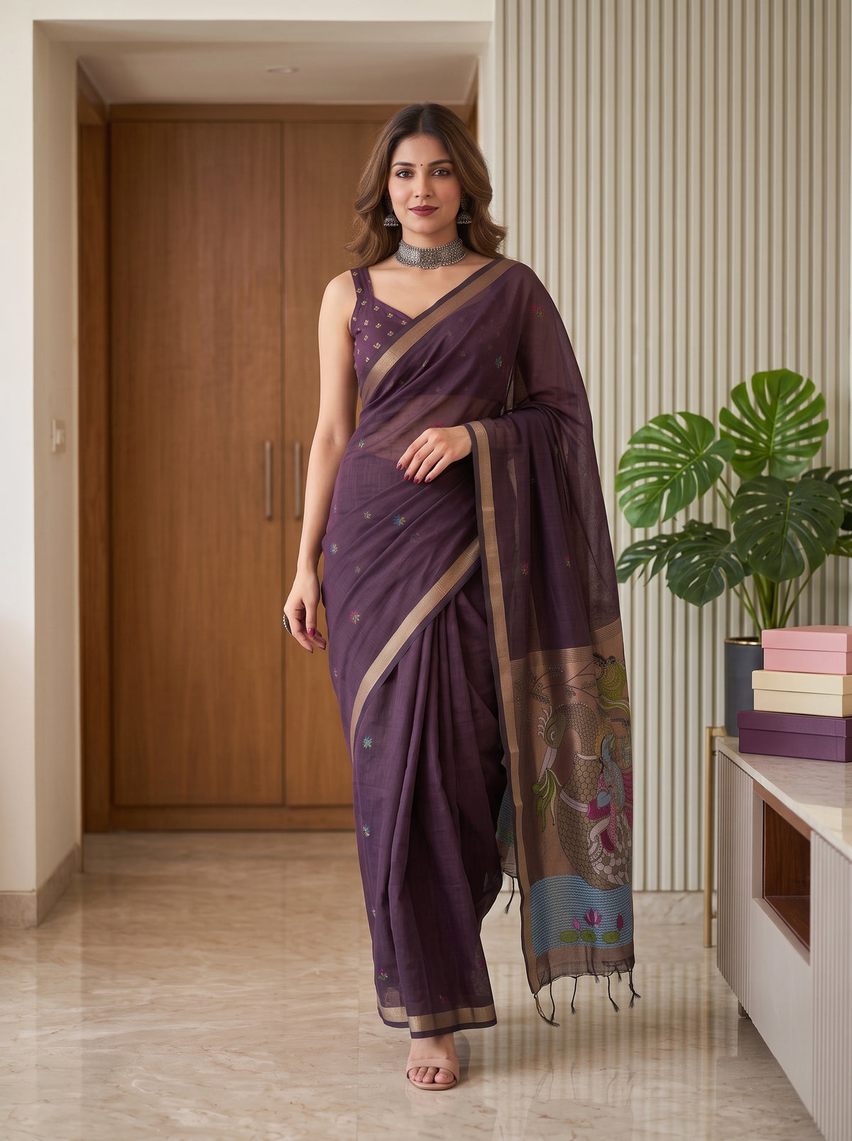 MIMOSA Jamun Bhagalpuri Cotton linen Saree — pose 6 styling detail