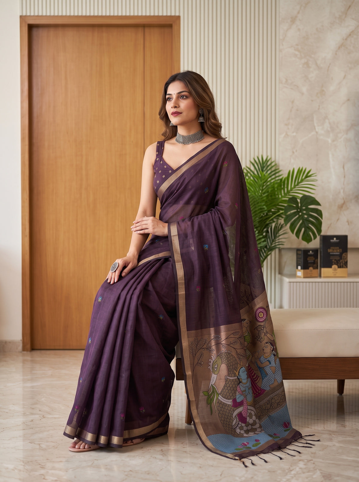 MIMOSA Jamun Bhagalpuri Cotton linen Saree — pose 8 styling detail