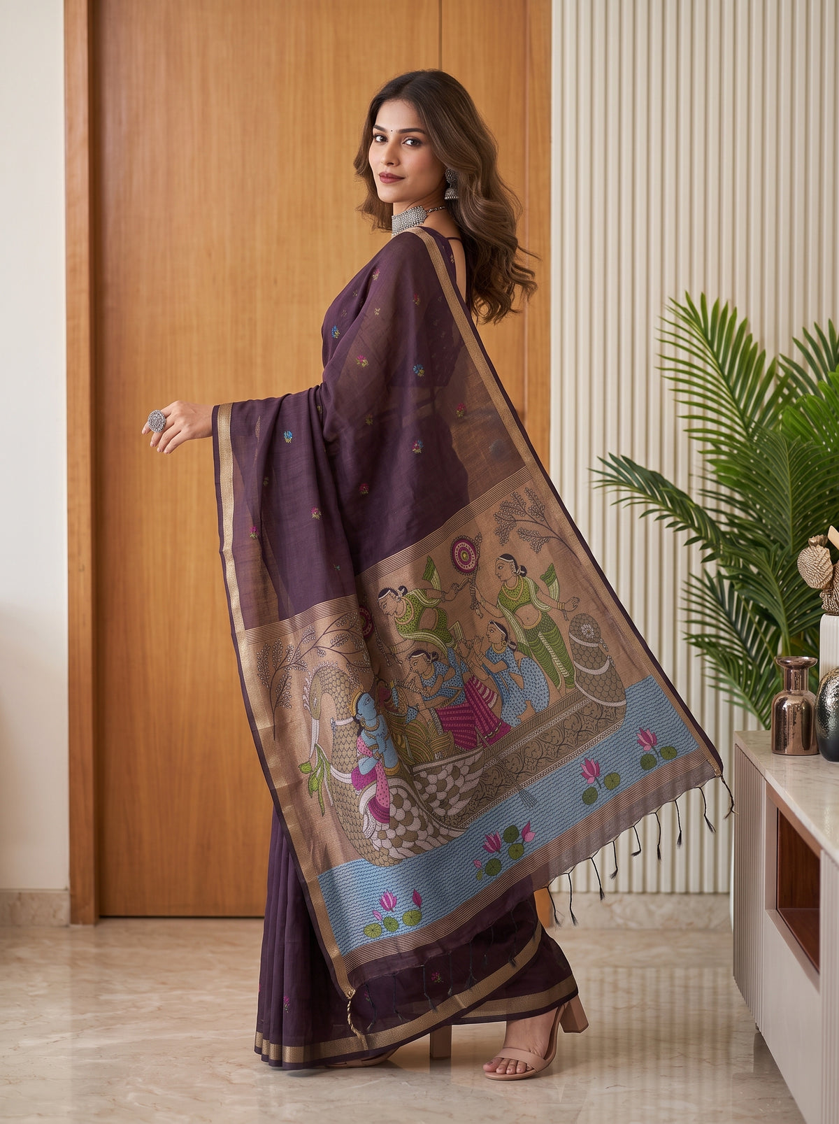 MIMOSA Jamun Bhagalpuri Cotton linen Saree — pose 9 styling detail