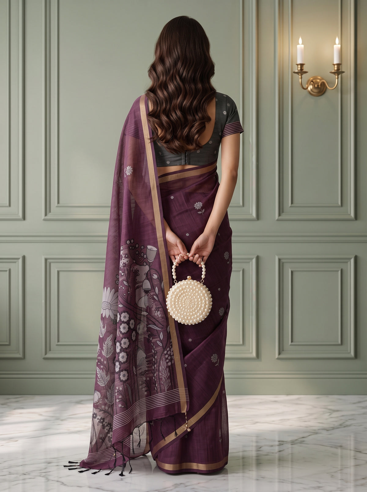 MIMOSA Wine Bhagalpuri Cotton Saree — pose 2 styling detail