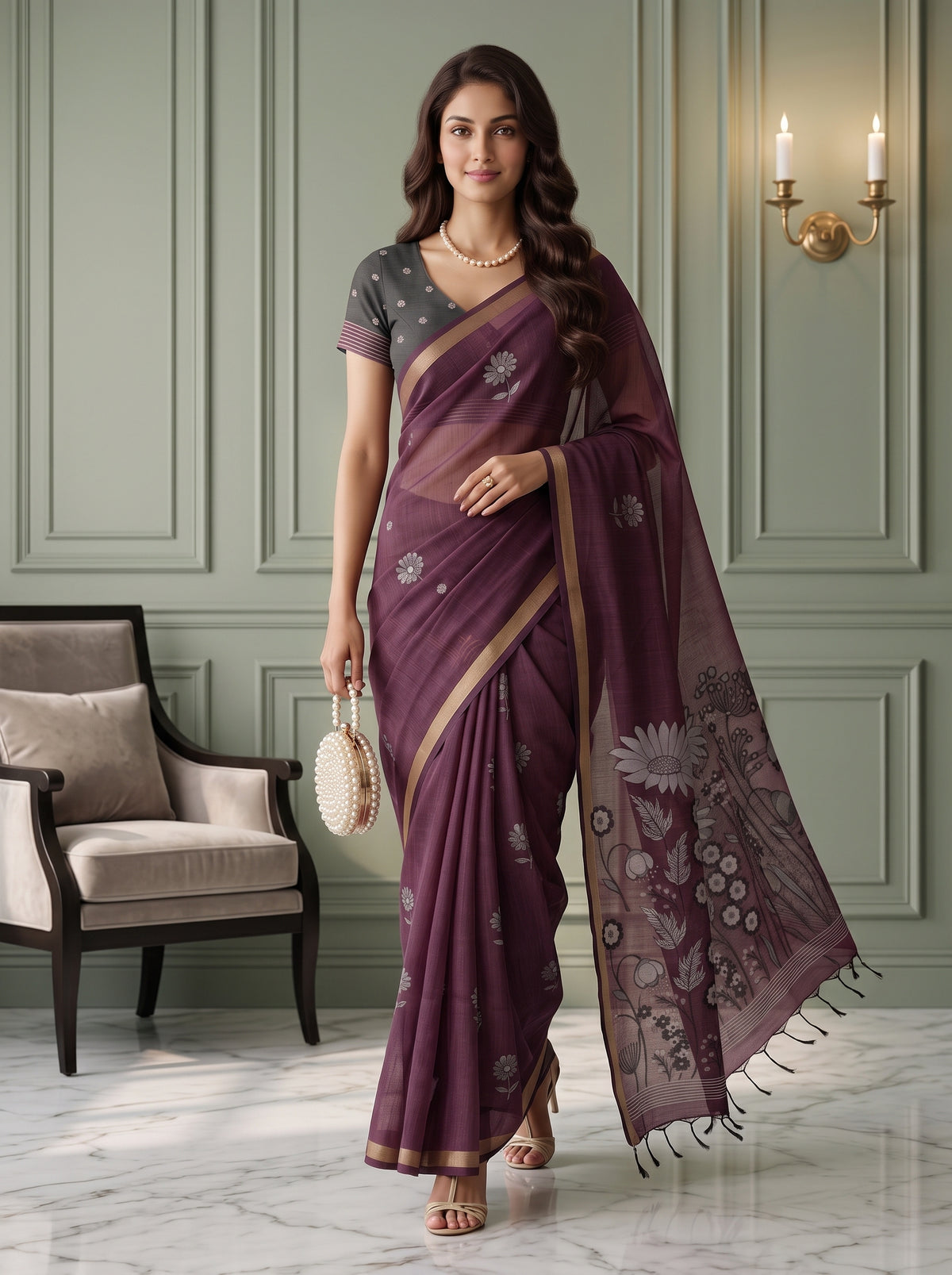 MIMOSA Wine Bhagalpuri Cotton Saree — pose 6 styling detail