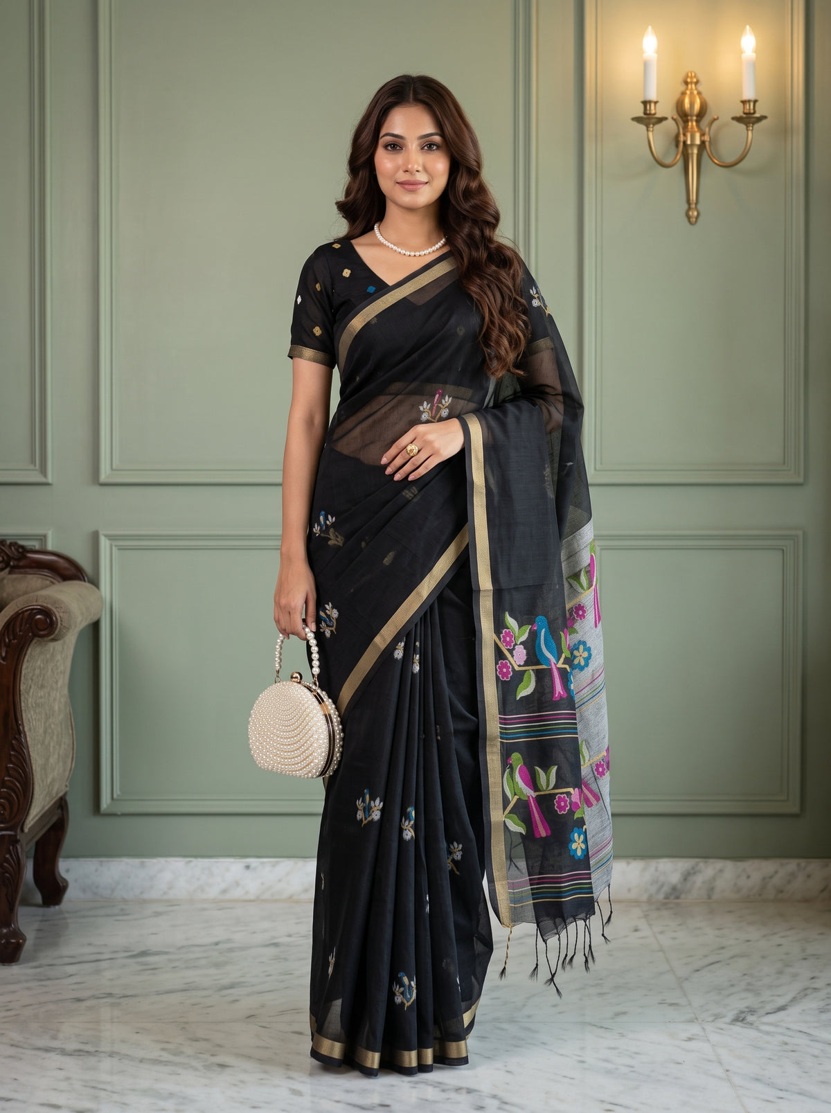 MIMOSA Black Bhagalpuri Cotton Saree — front view on mannequin