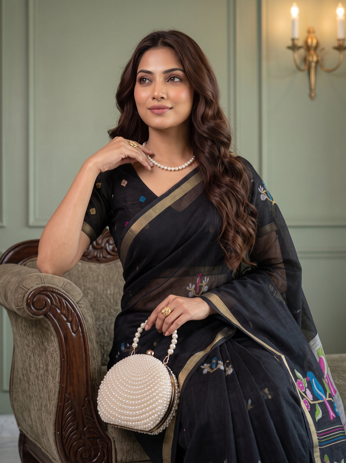 MIMOSA Black Bhagalpuri Cotton Saree — pose 10 styling detail