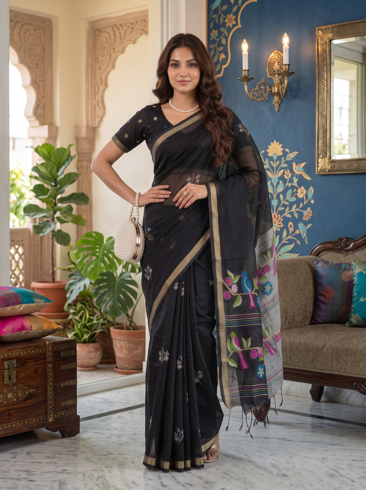 MIMOSA Black Bhagalpuri Cotton Saree — pose 4 styling detail