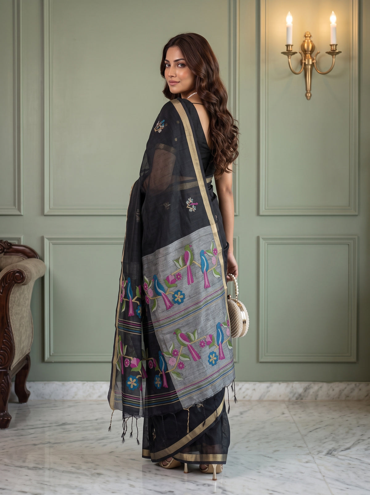 MIMOSA Black Bhagalpuri Cotton Saree — pose 7 styling detail