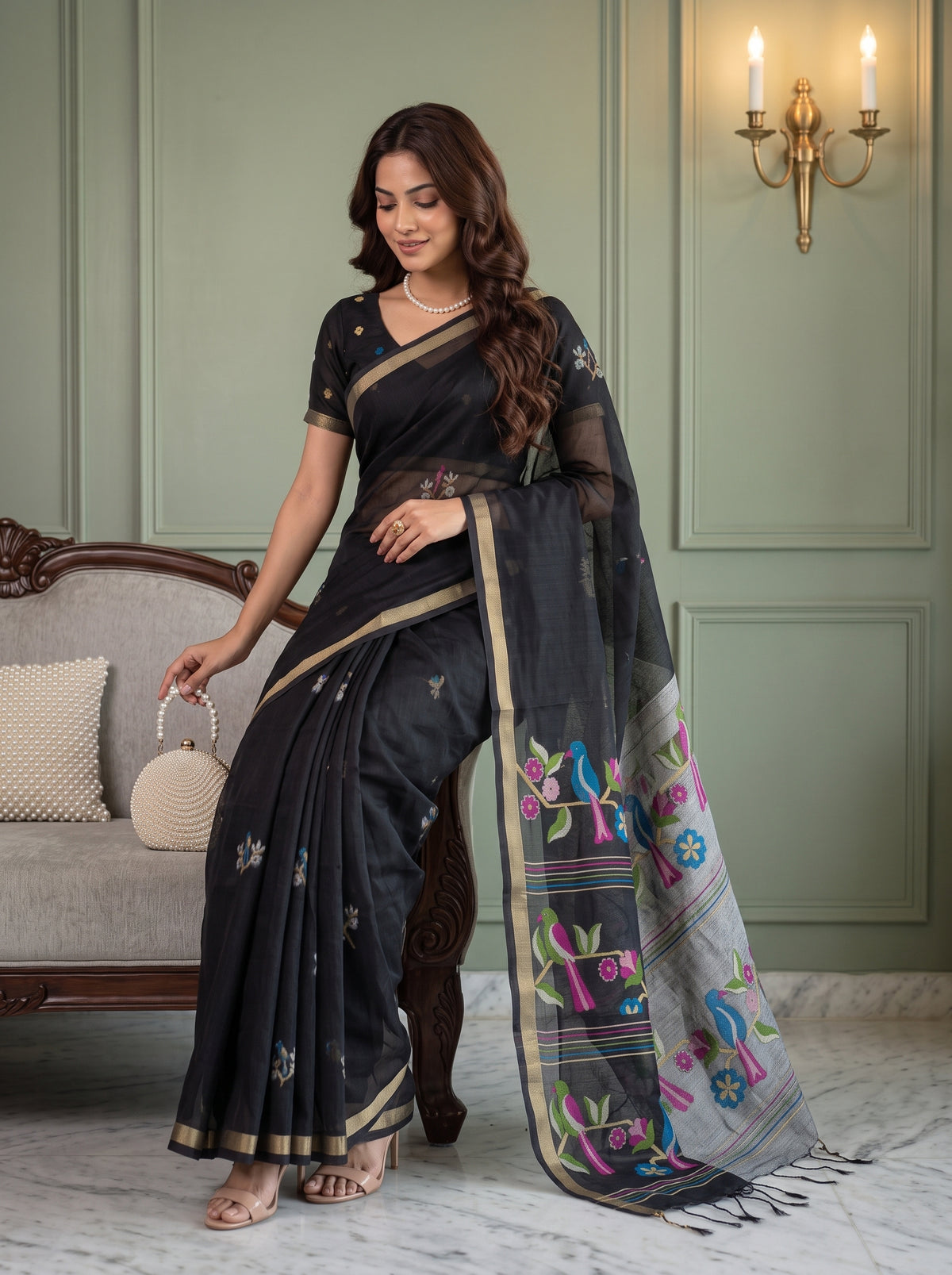 MIMOSA Black Bhagalpuri Cotton Saree — pose 8 styling detail