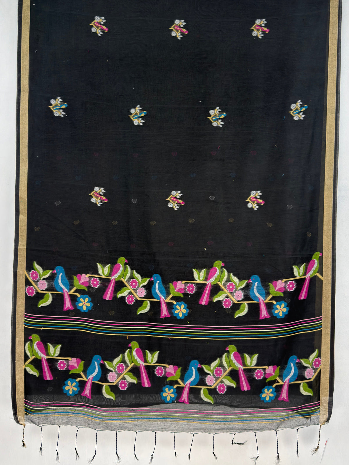 MIMOSA Black Bhagalpuri Cotton Saree — pallu and zari work detail