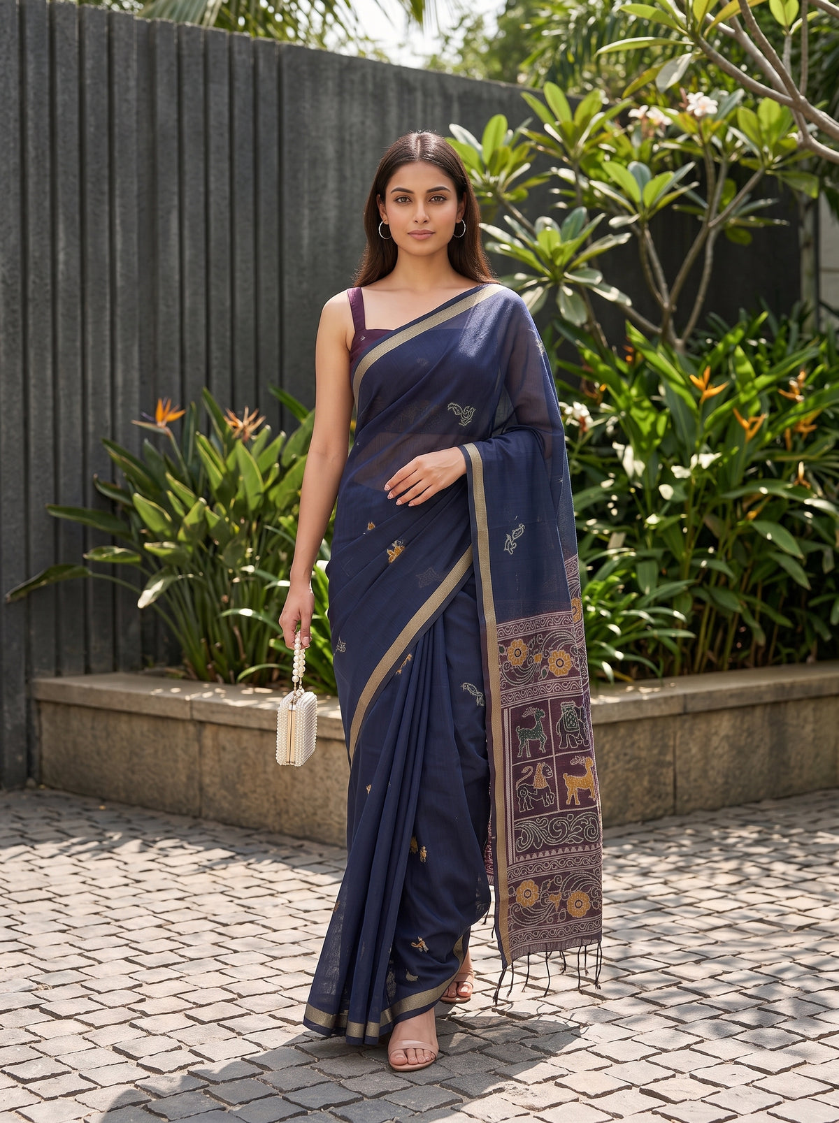 MIMOSA Navy Bhagalpuri Cotton Saree — pose 6 styling detail
