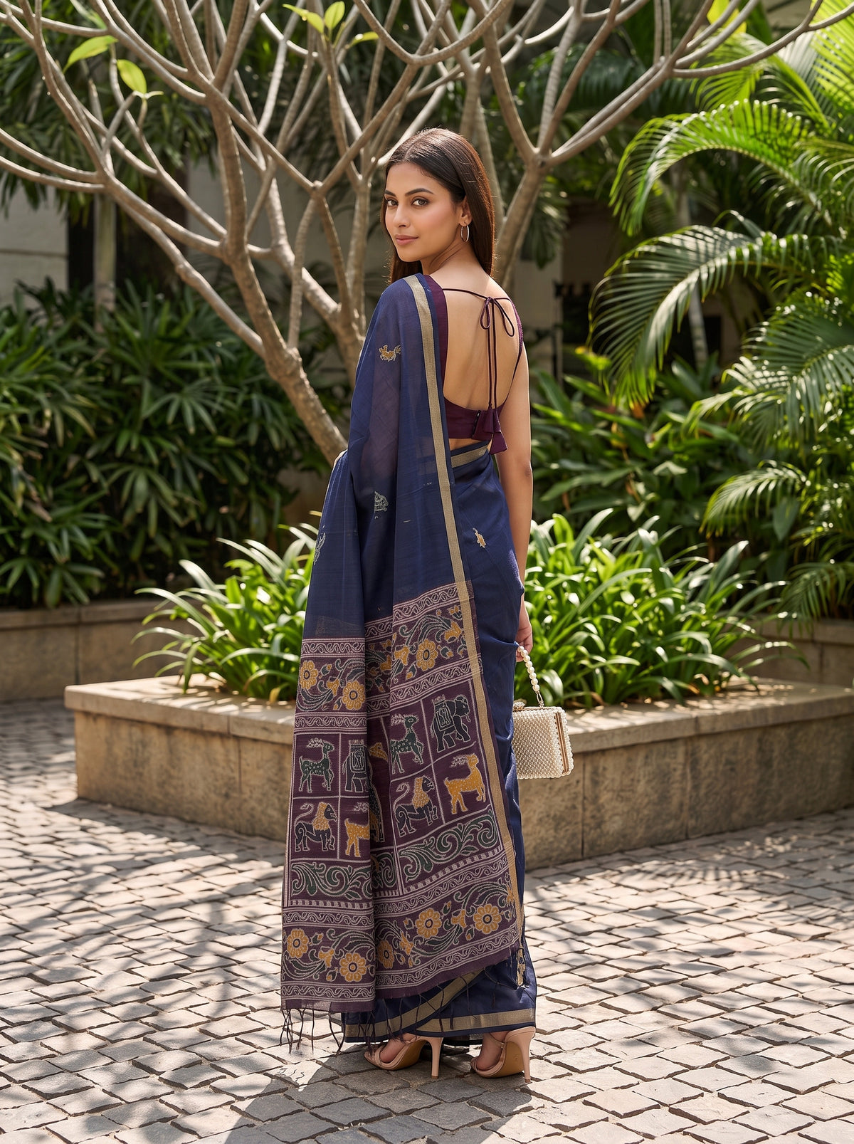 MIMOSA Navy Bhagalpuri Cotton Saree — pose 7 styling detail