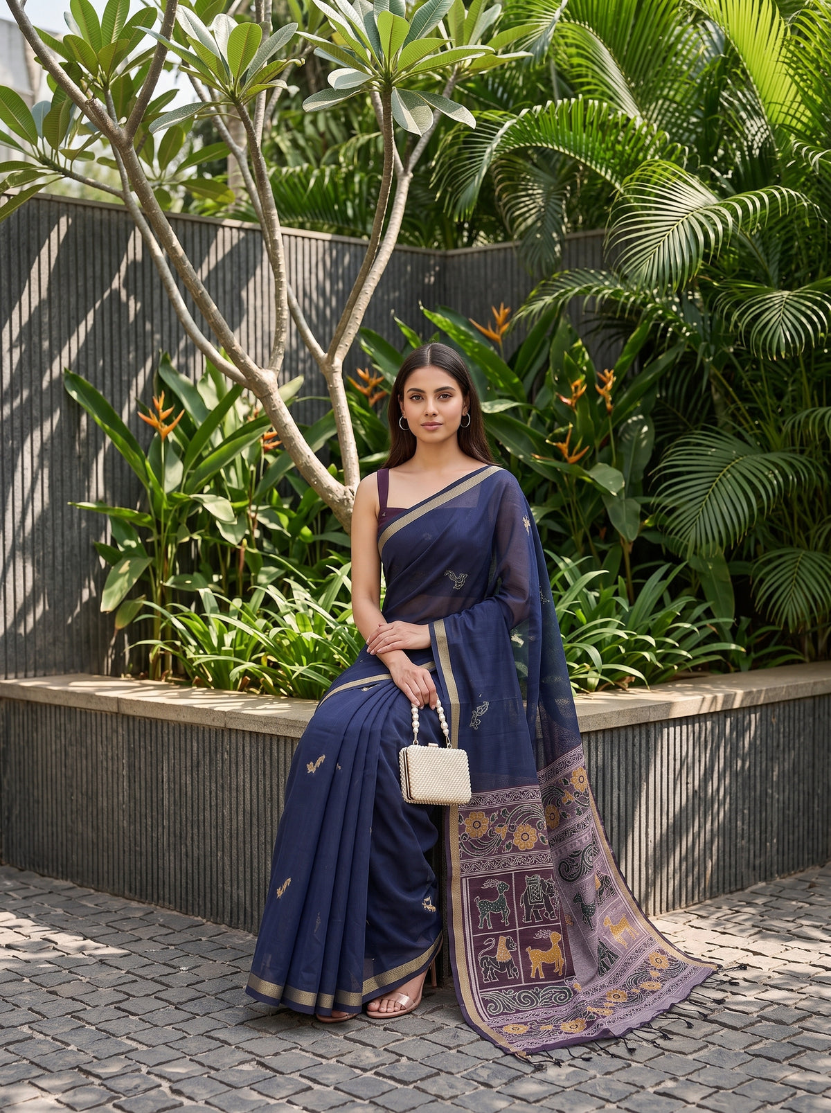 MIMOSA Navy Bhagalpuri Cotton Saree — pose 8 styling detail