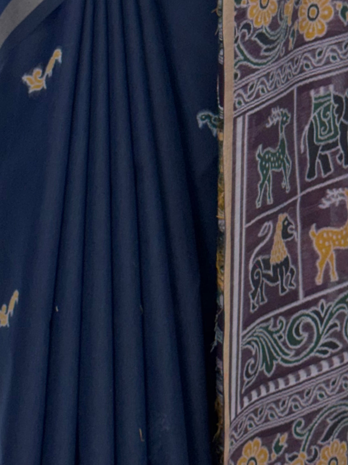MIMOSA Navy Bhagalpuri Cotton Saree — fleets shot full lifestyle