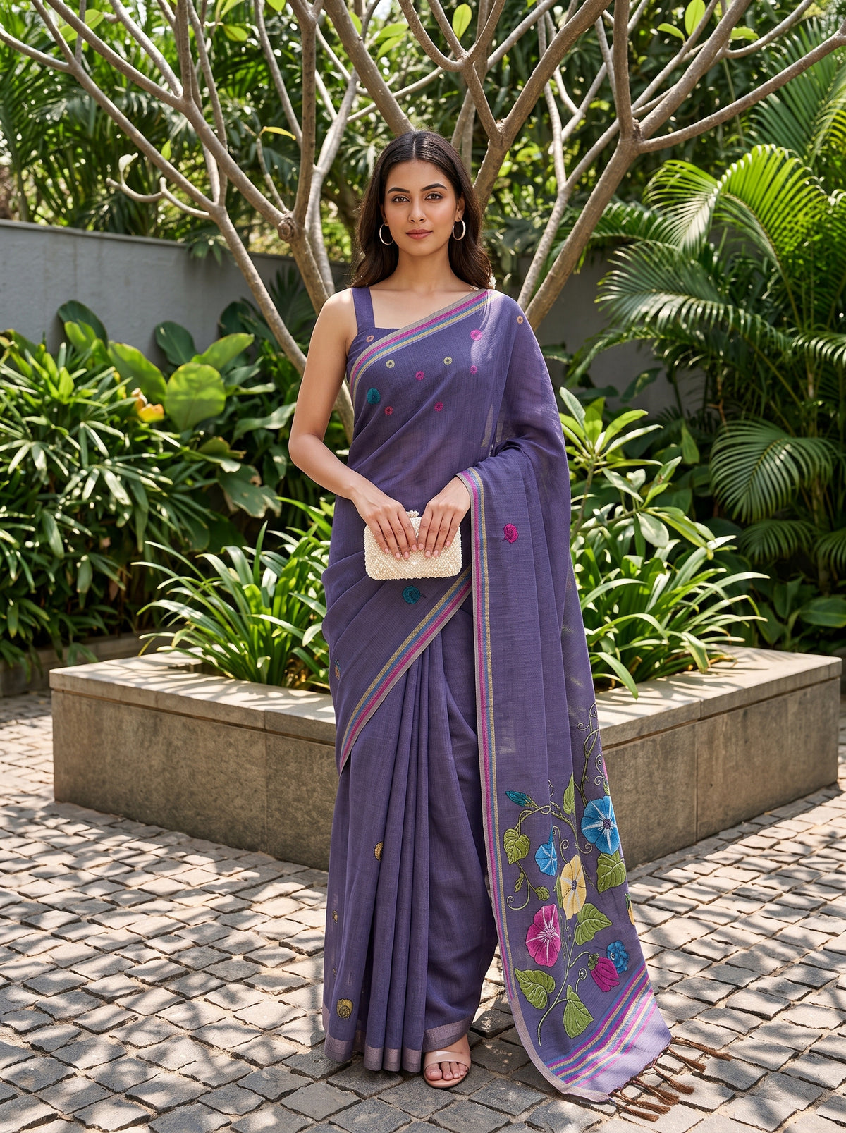 MIMOSA Jamun Bhagalpuri Cotton linen Saree — AI Model lifestyle pose