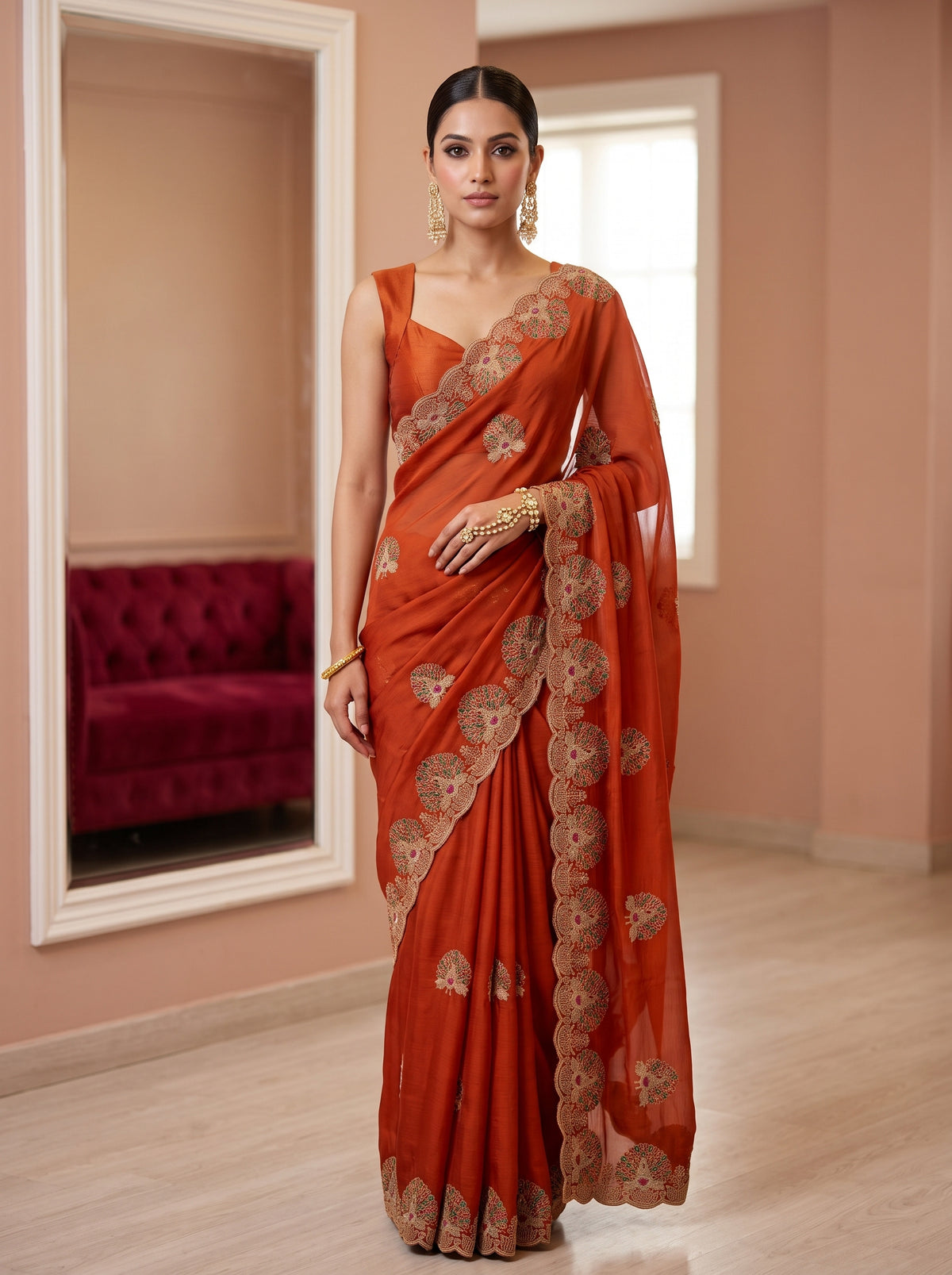 MIMOSA Orange Banarasi Chiffon Saree — AI model lifestyle pose