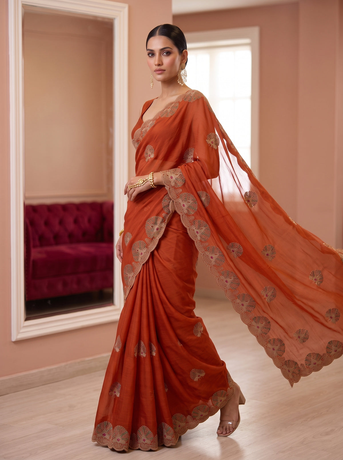 MIMOSA Orange Banarasi Saree — pose 5 styling detail