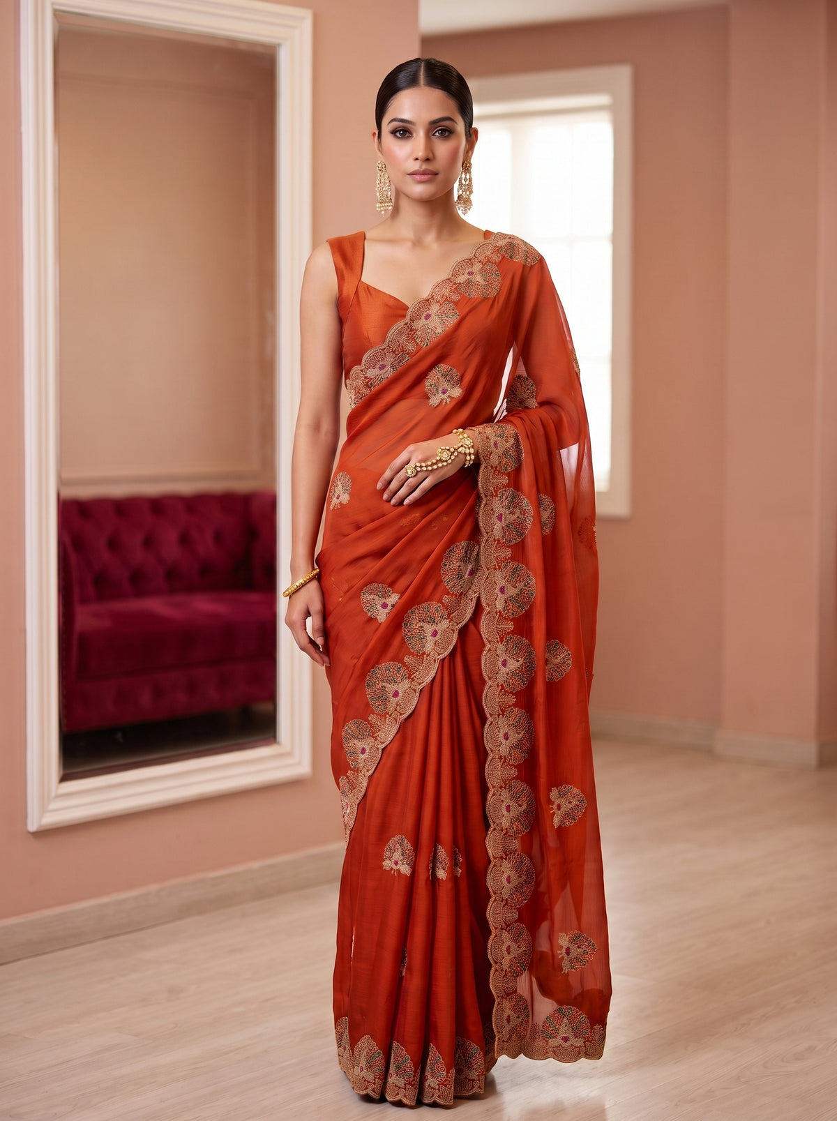 MIMOSA Orange Banarasi Saree — pose 6 styling detail