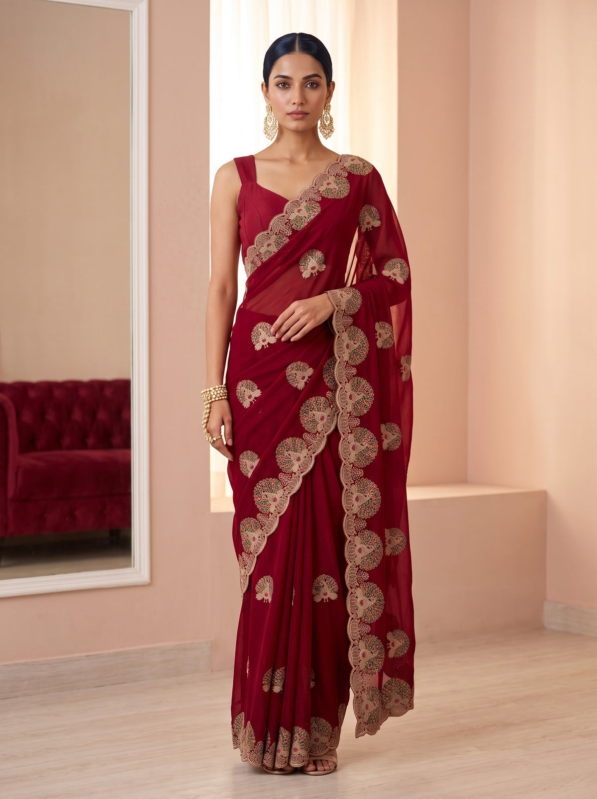 MIMOSA Red Banarasi Chiffon Saree — AI model lifestyle pose
