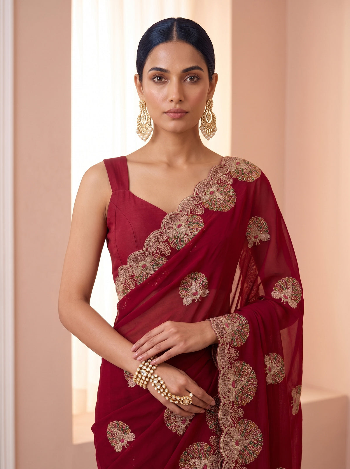 MIMOSA Red Banarasi Saree — pose 10 styling detail