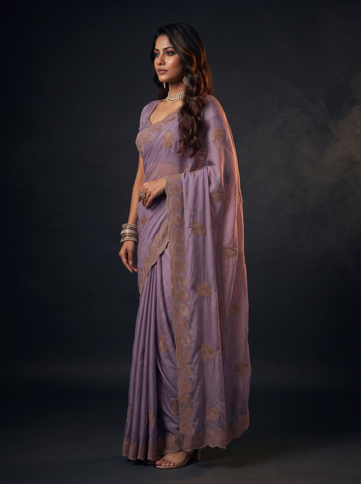 MIMOSA Lavender Banarasi Saree — pose 3 styling detail