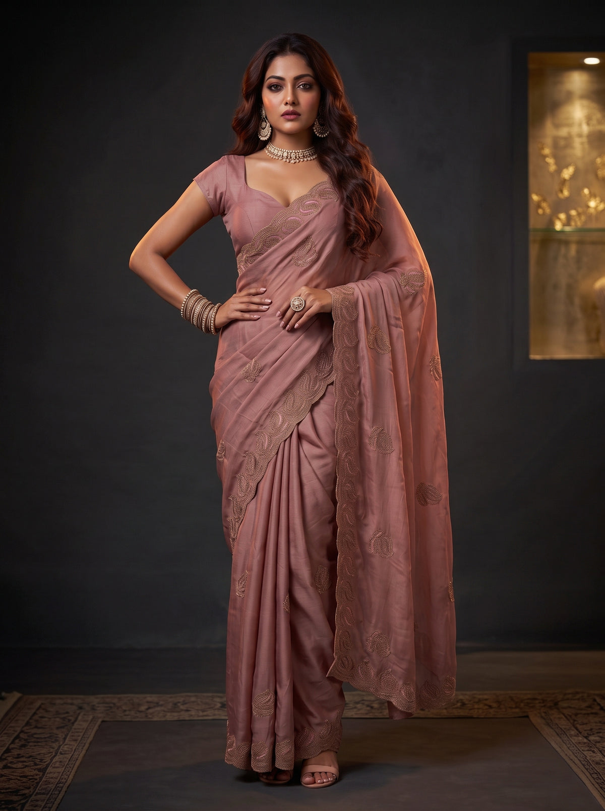 MIMOSA Peach Banarasi Saree — pose 4 styling detail