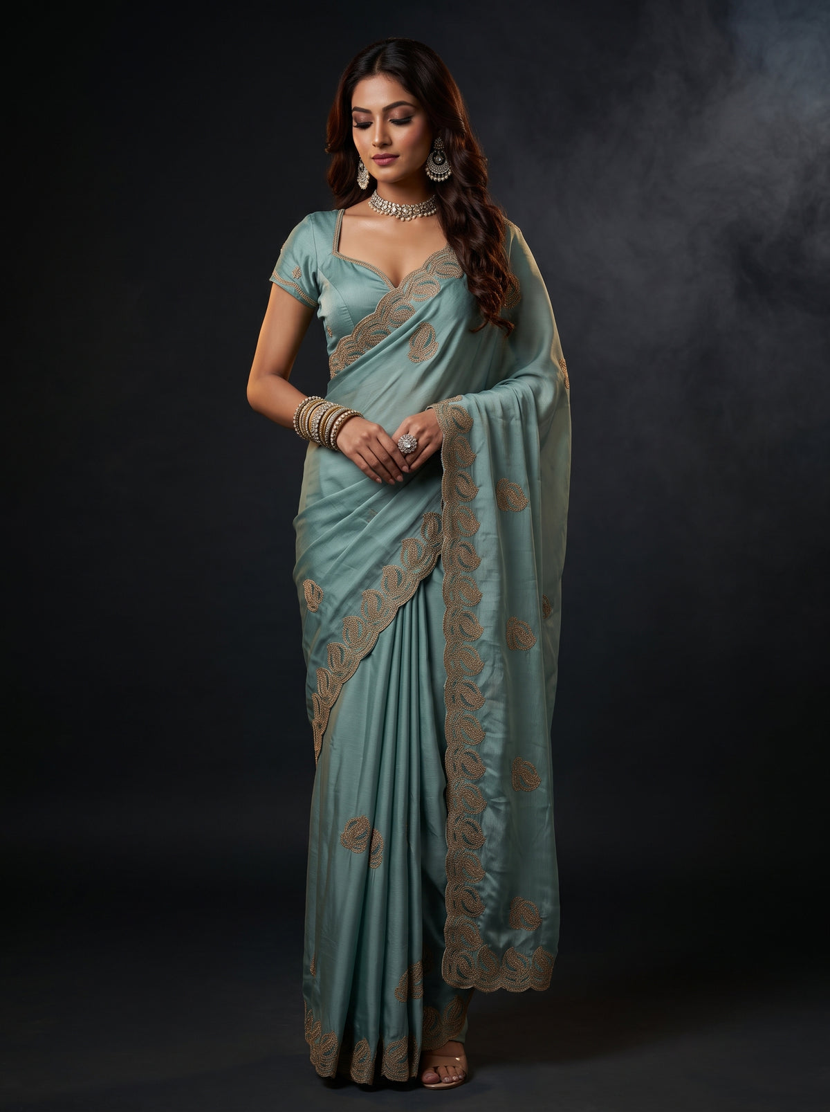 MIMOSA Rama Banarasi Saree — front view on mannequin