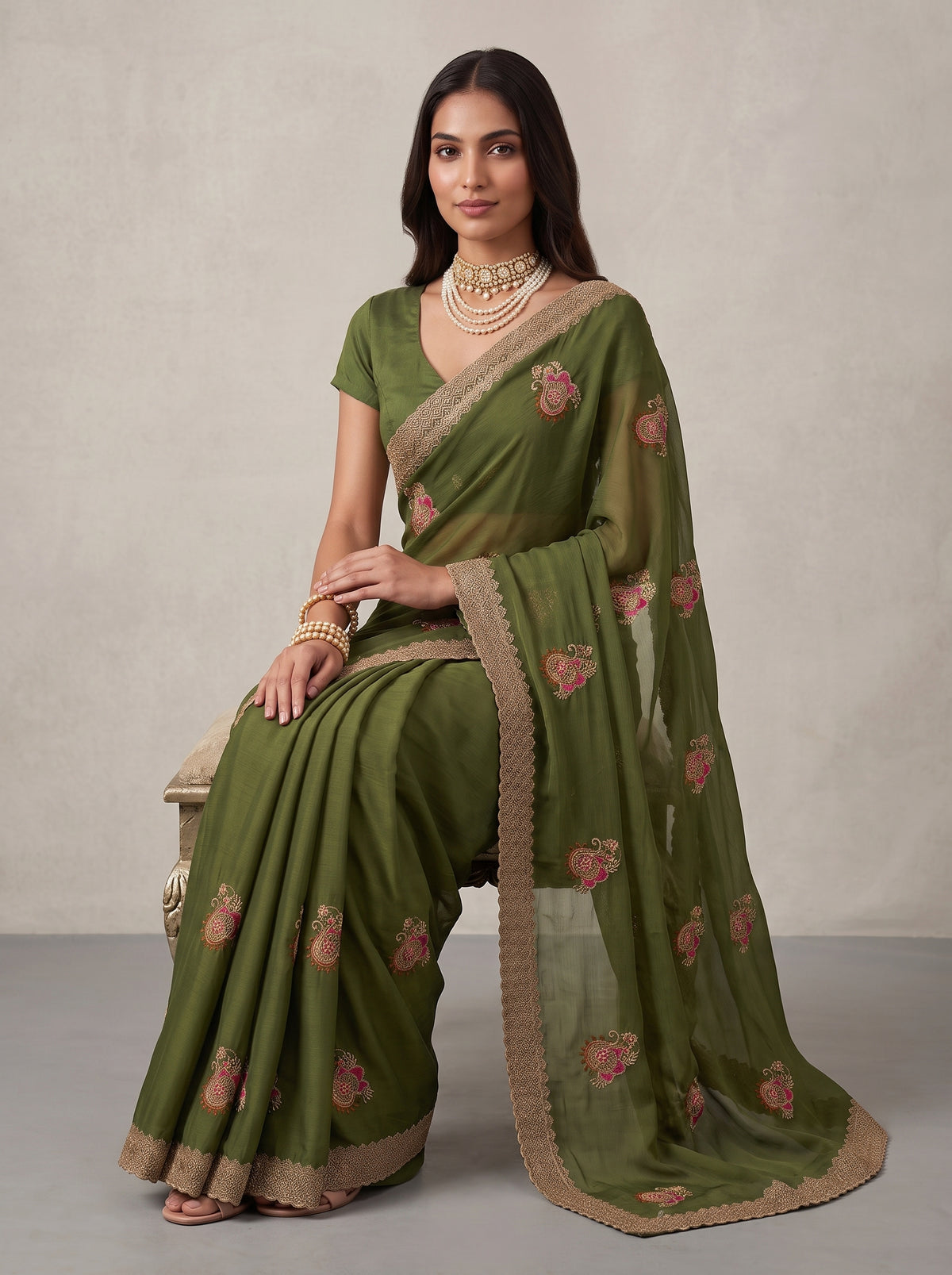 MIMOSA Olive Banarasi Saree — pose 8 styling detail