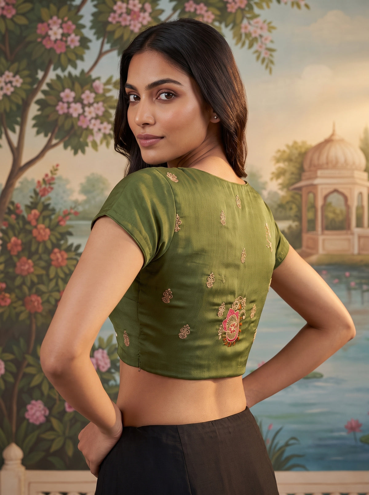 MIMOSA Olive Banarasi Saree — blouse close-up