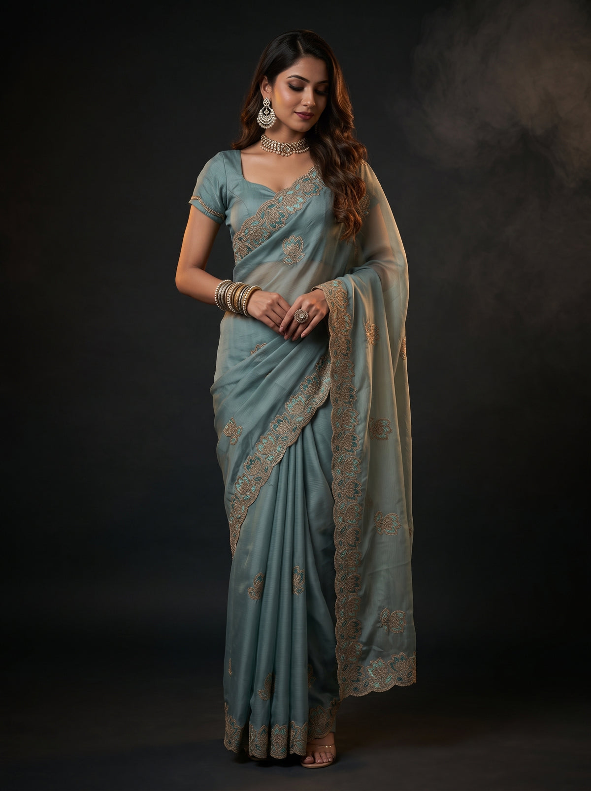 MIMOSA Rama Banarasi Chiffon Saree — AI Model lifestyle
