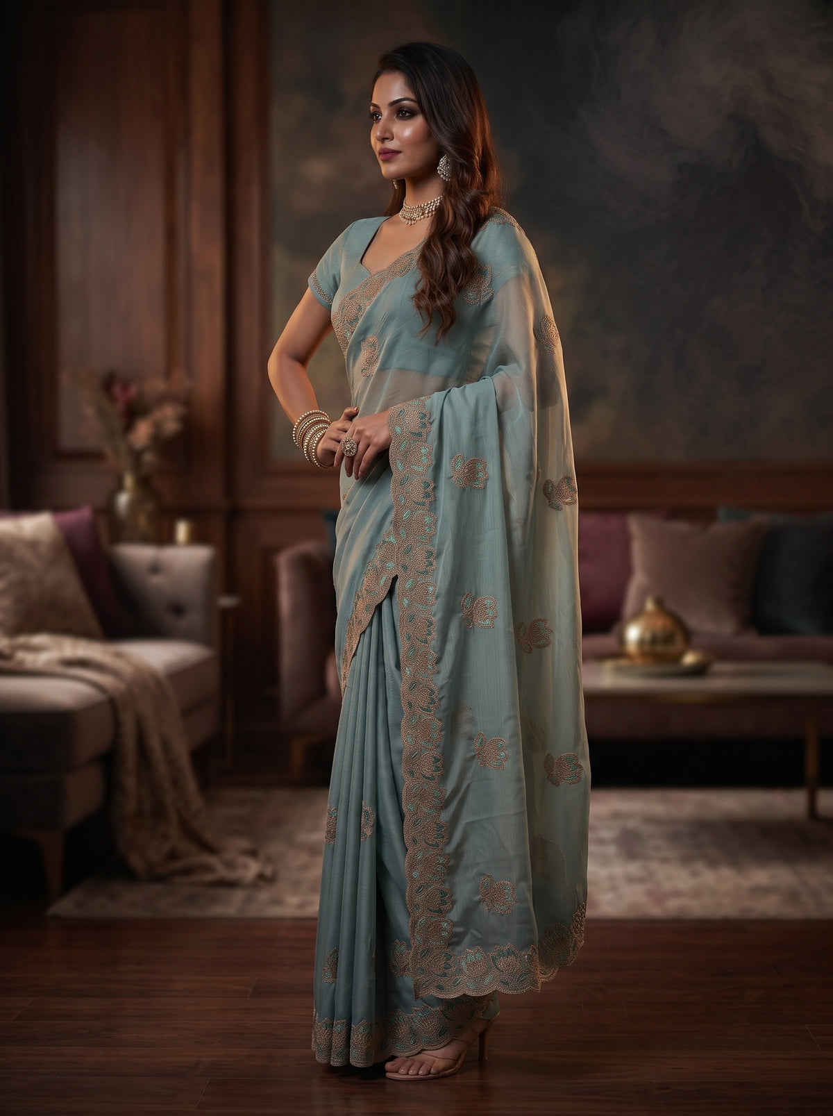 MIMOSA Rama Banarasi Chiffon Saree — pose 3 styling detail