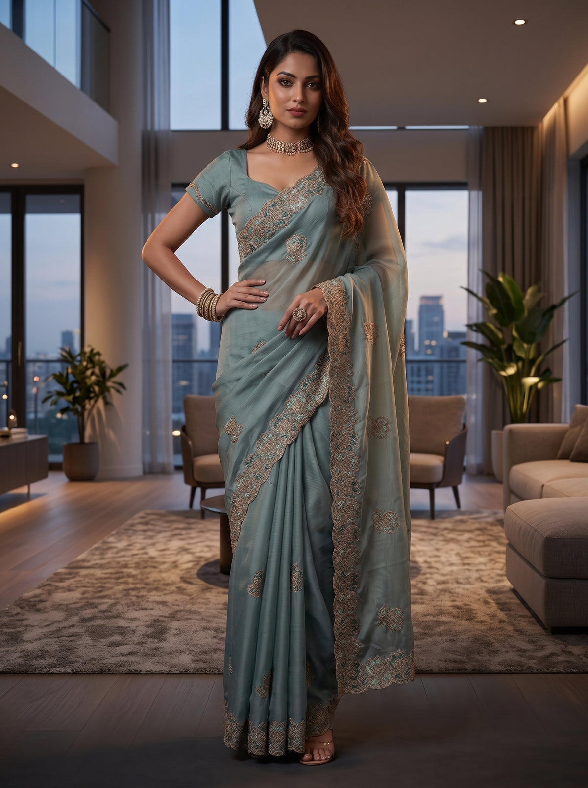 MIMOSA Rama Banarasi Chiffon Saree — pose 4 styling detail