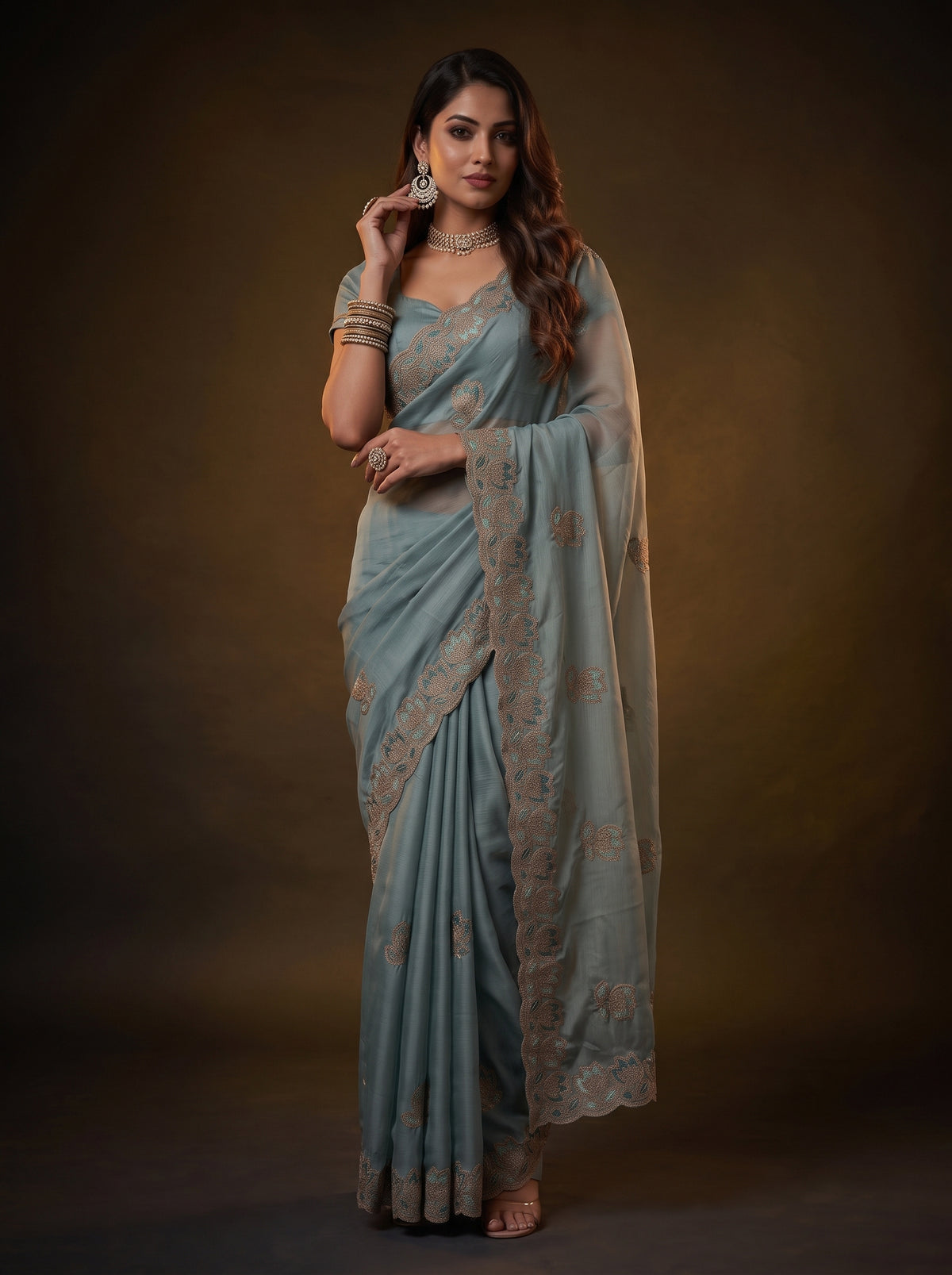 MIMOSA Rama Banarasi Chiffon Saree — pose 5 styling detail