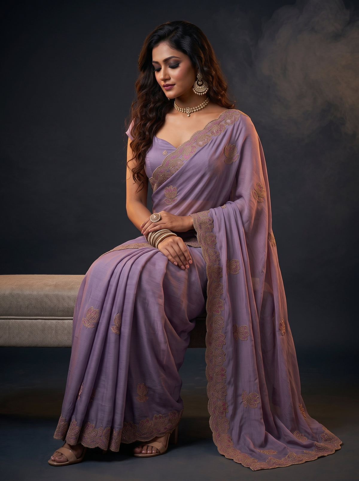 MIMOSA Violet Banarasi Chiffon Saree — pose 8 styling detail