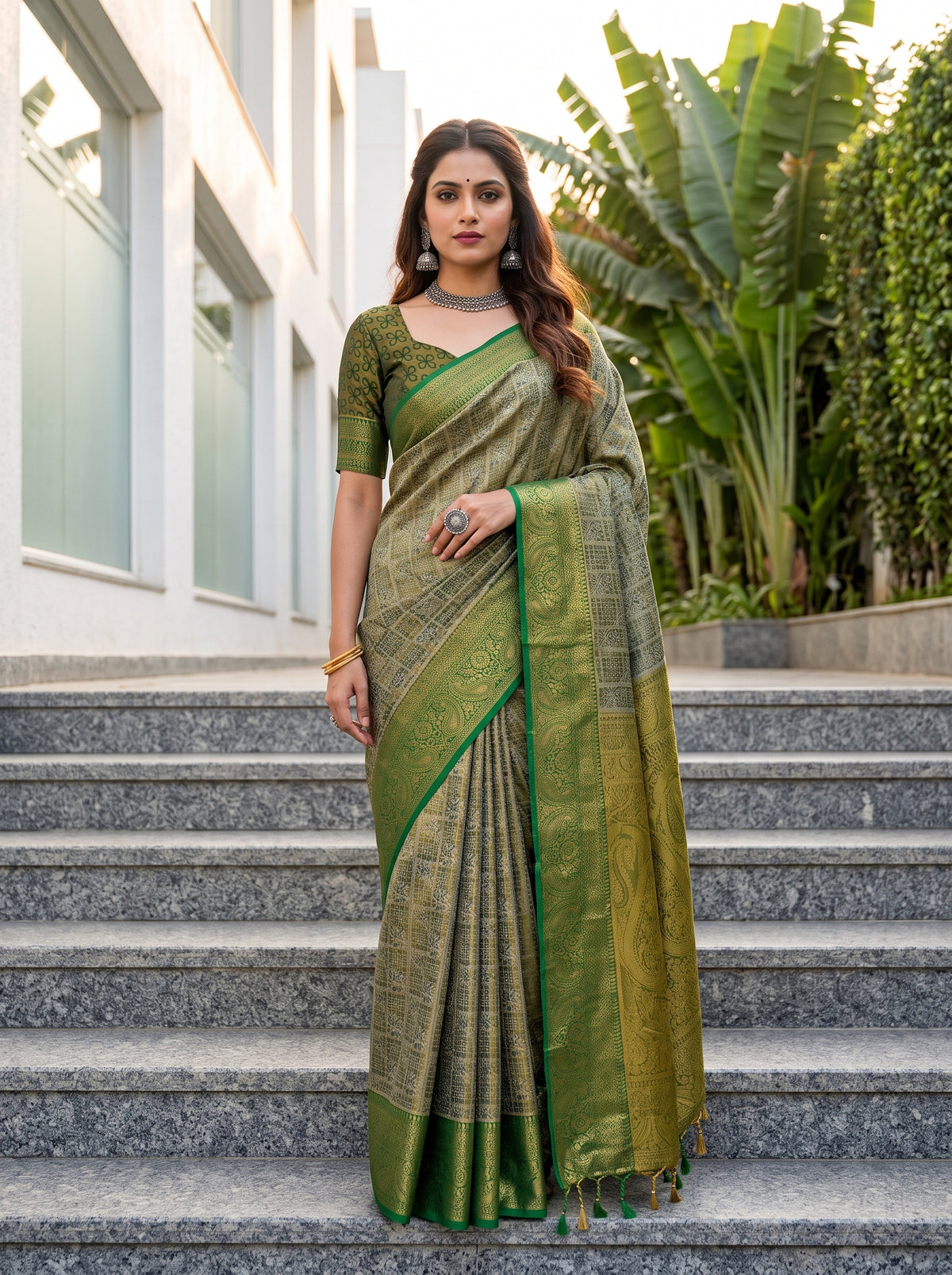 MIMOSA Green Kanjivaram Saree — front view on mannequin
