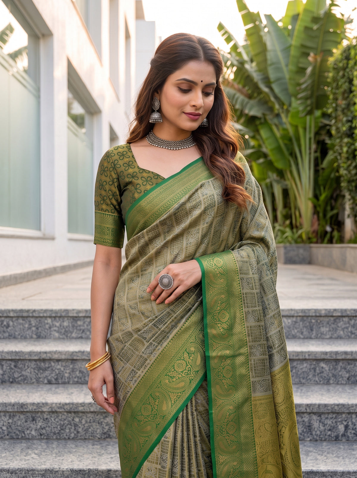MIMOSA Green Kanjivaram Saree — pose 10 styling detail