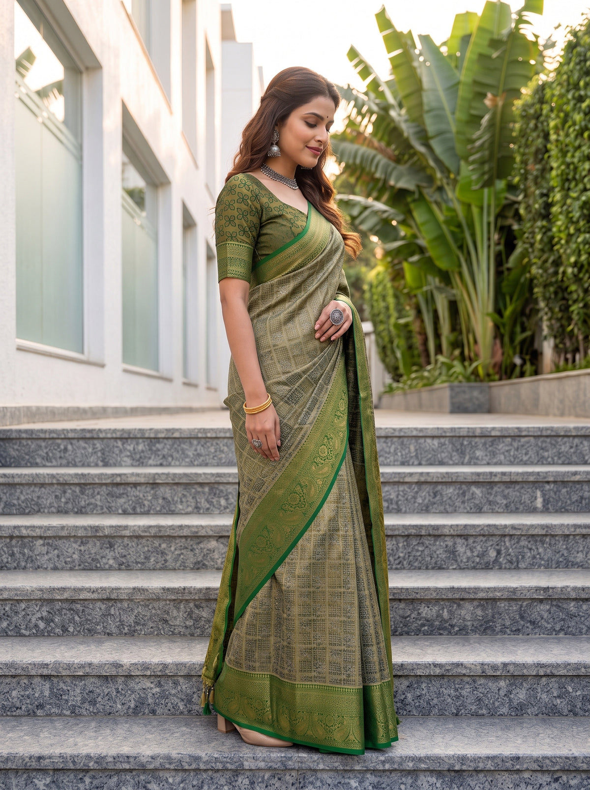 MIMOSA Green Kanjivaram Saree — pose 3 styling detail