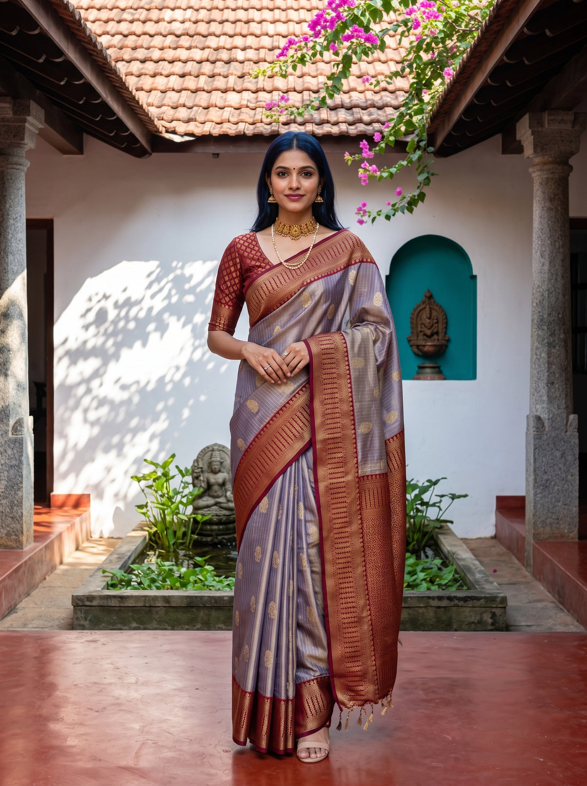 MIMOSA Jamun Kanjivaram Organza Saree — AI Model lifestyle pose 1