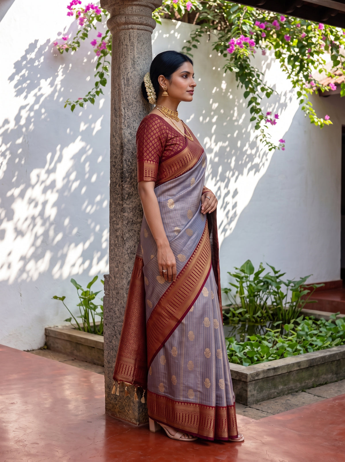 MIMOSA Jamun Kanjivaram Organza Saree — pose 3 styling detail