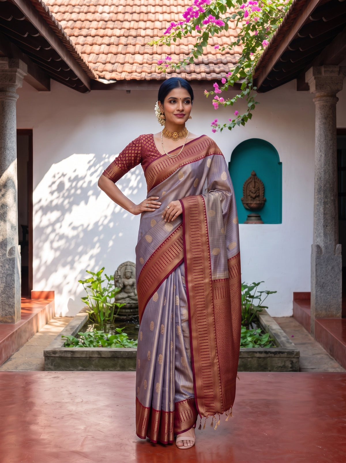 MIMOSA Jamun Kanjivaram Organza Saree — pose 4 styling detail
