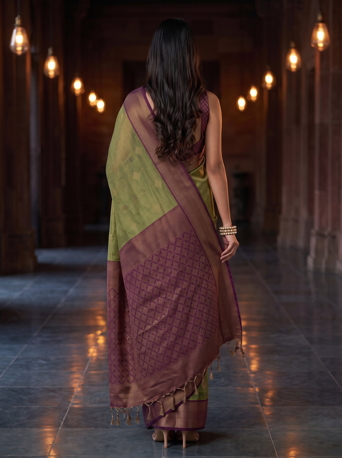MIMOSA Green Kanjivaram Organza Saree — AI Model close-up face