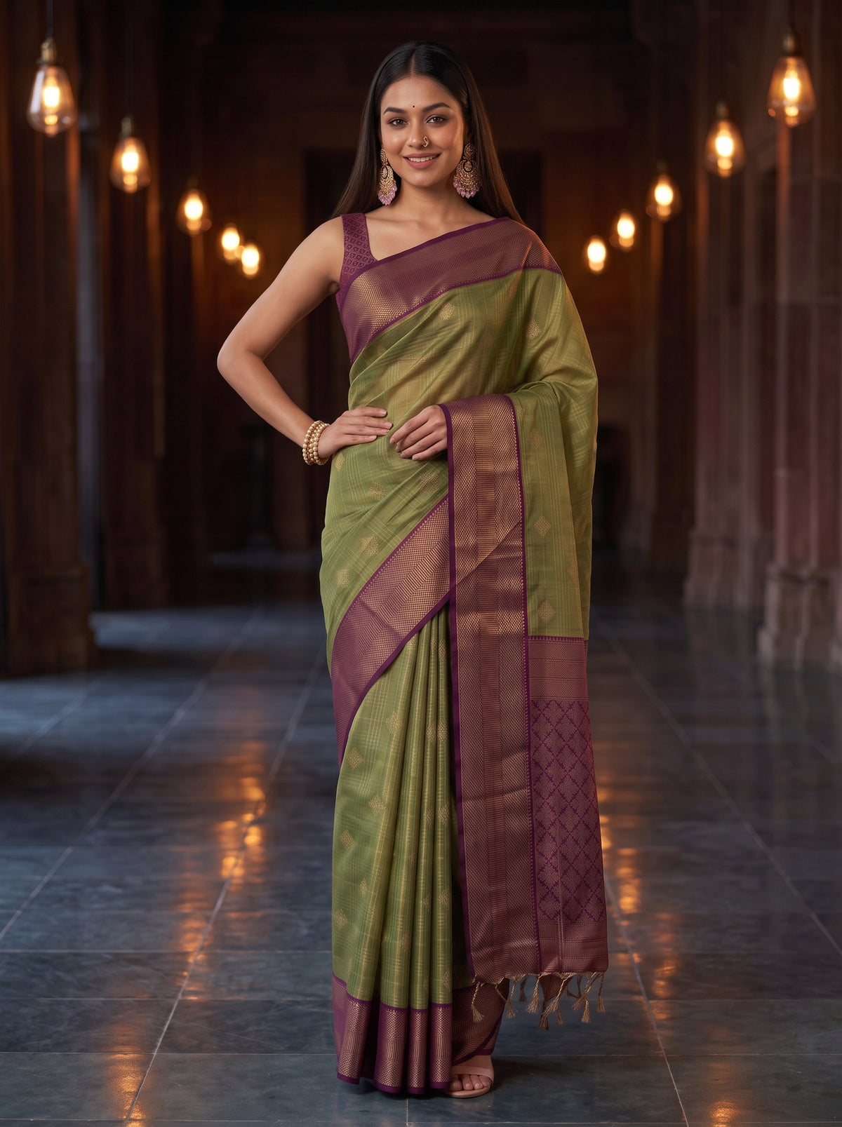 MIMOSA Green Kanjivaram Organza Saree — AI Model close-up shoulder
