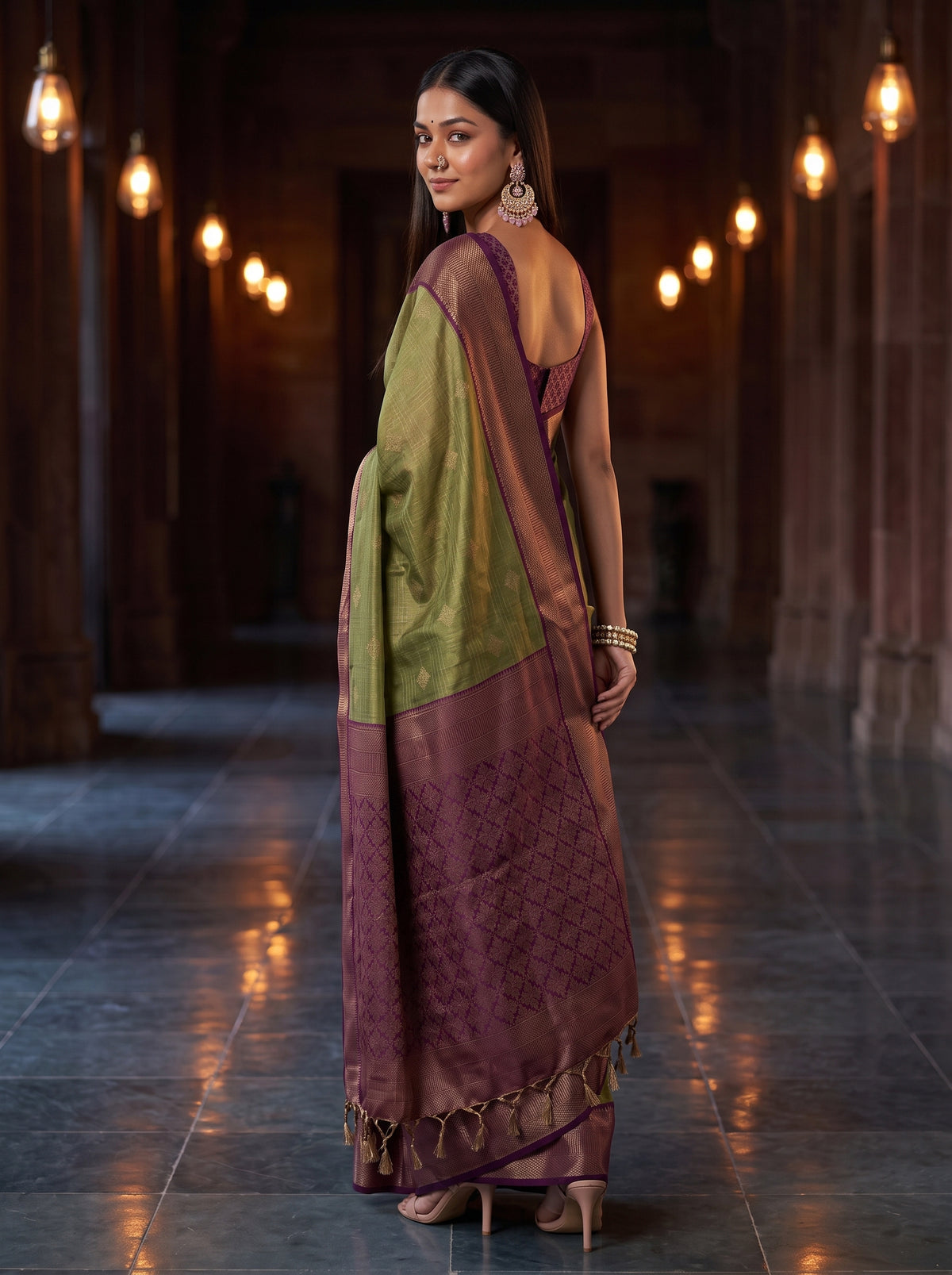 MIMOSA Green Kanjivaram Organza Saree — AI Model torso and hand